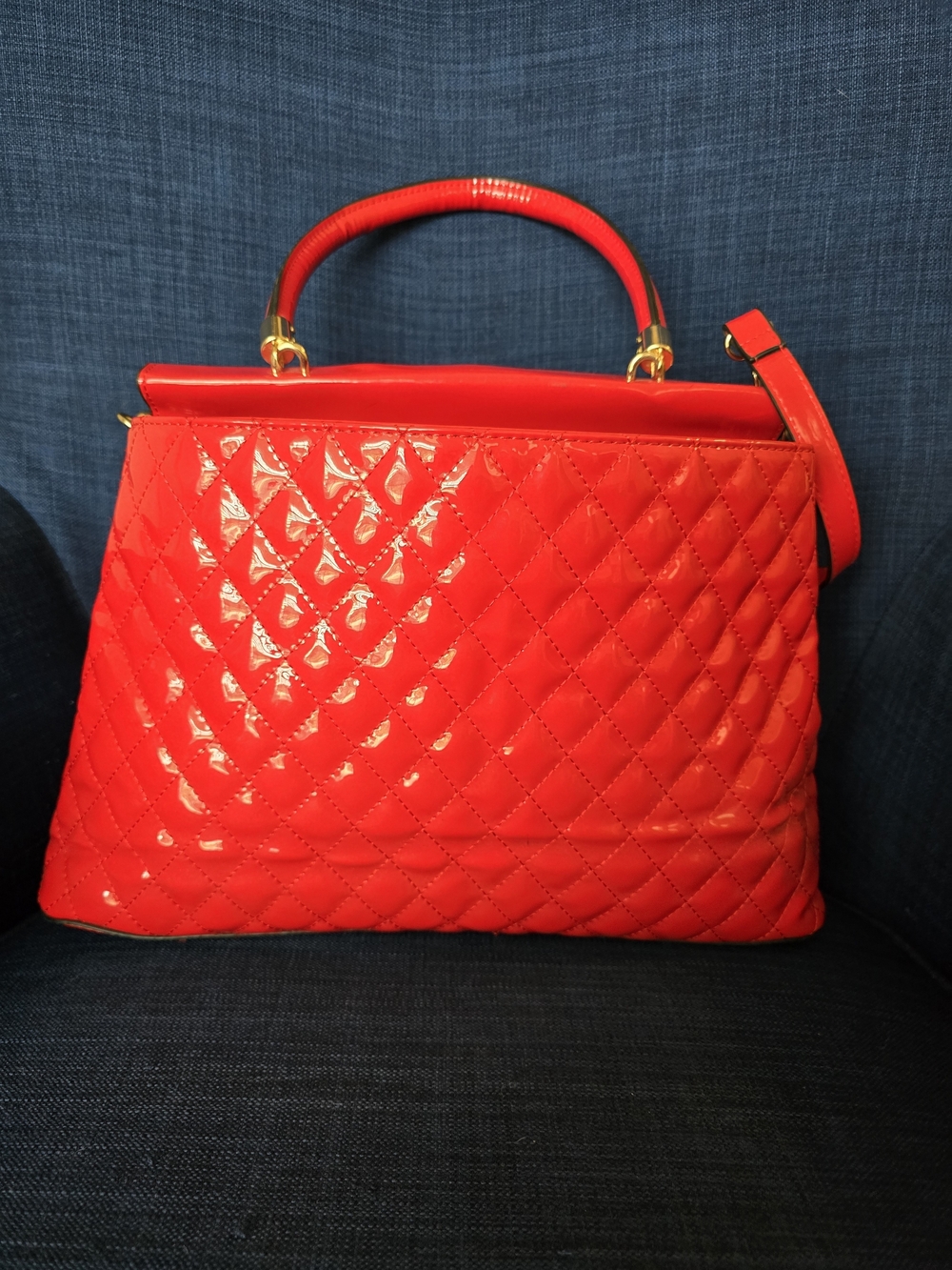 Red Quilted Patent Satchel with Crystal 'QUEEN' Accent - Picture 2 of 6